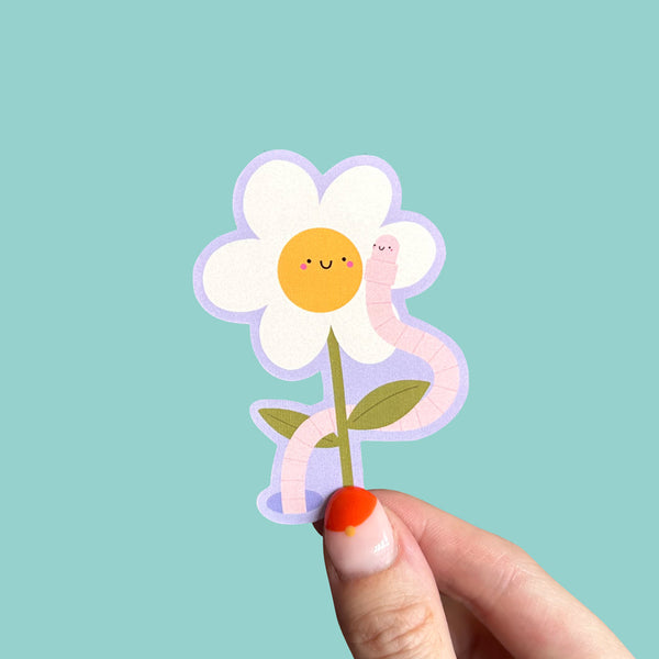 A cute daisy and worm sticker - nutmeg and arlo