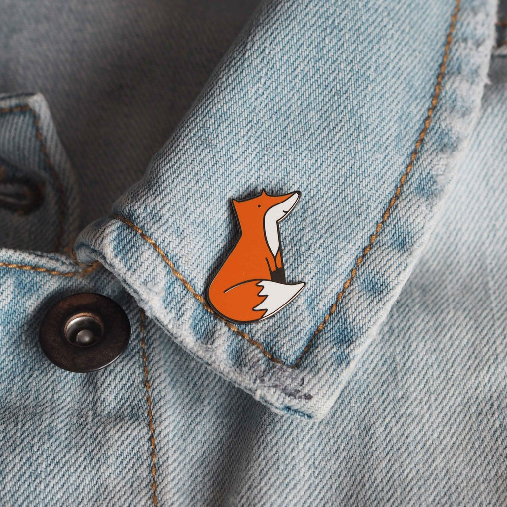 Fox Enamel Pin on a Denim Jacket