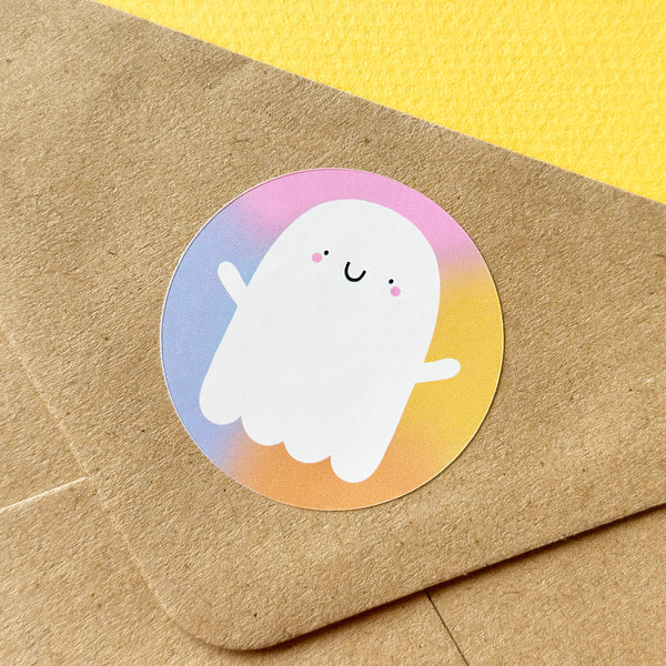 Cute ghost sticker on a gradient colourful background - Nutmeg and Arlo