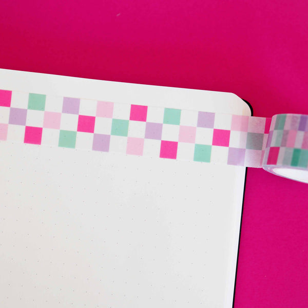 Pink pastel purple checkerboard washi tape displayed on a bullet journal