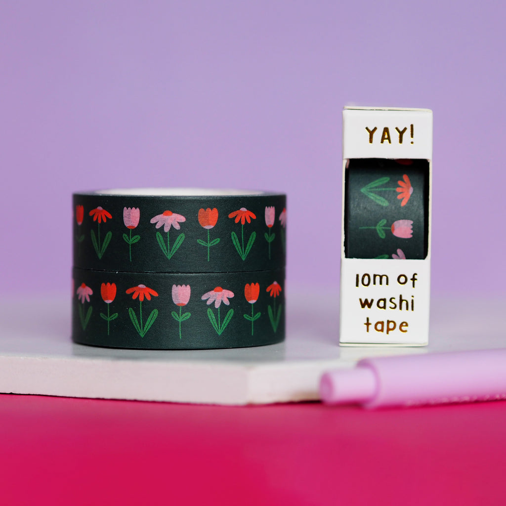Green washi tape with pink and red flowers - Verdant Floral washi tape - Nutmeg and Arlo
